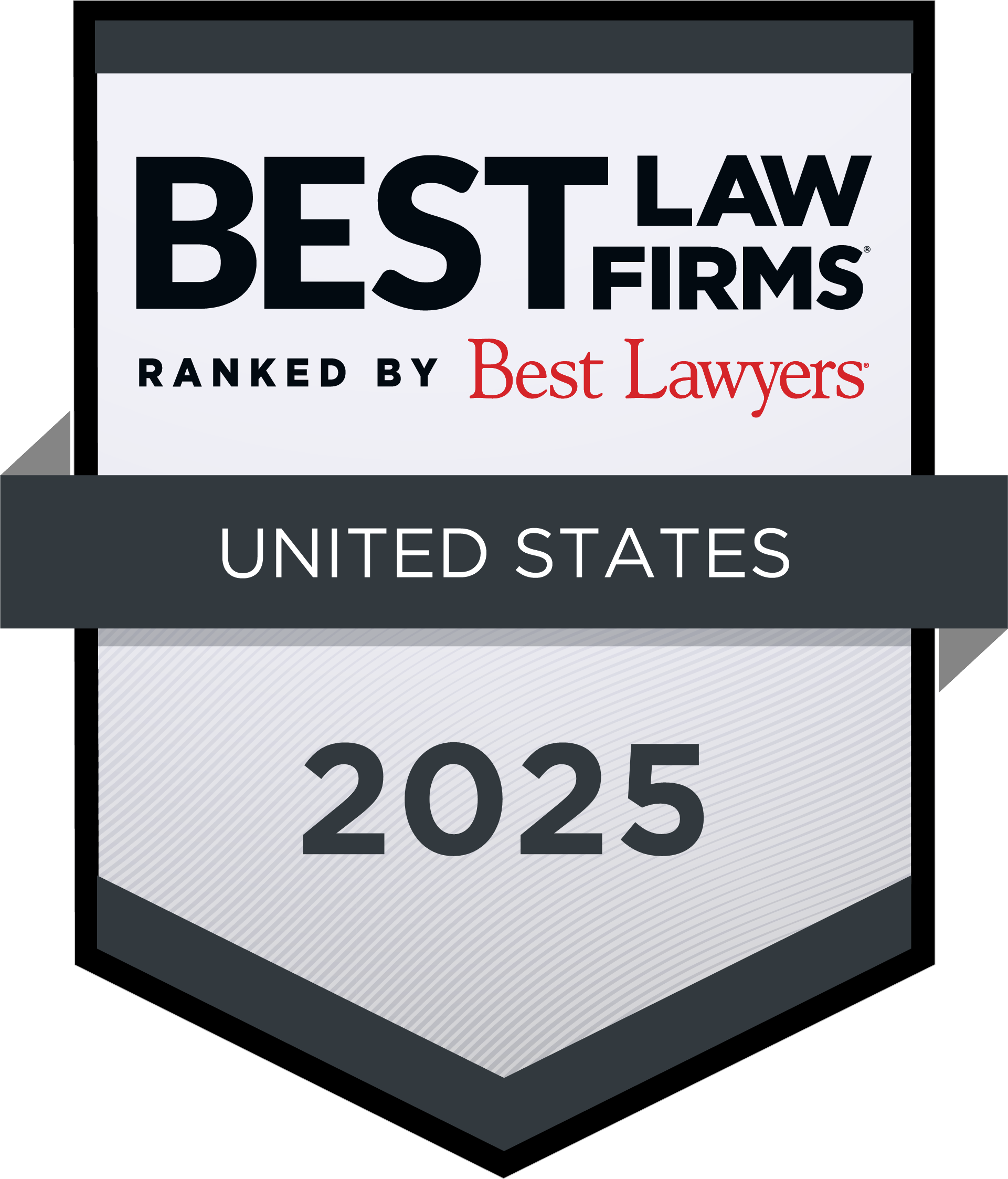 Emblem displaying "Best Law Firms Ranked by Best Lawyers - United States 2025" in a shield design with a gray and black color scheme.