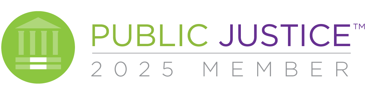 Logo featuring a green circle with a white building icon to the left and text reading "PUBLIC JUSTICE" in green and purple, with "2025 MEMBER" below in gray.